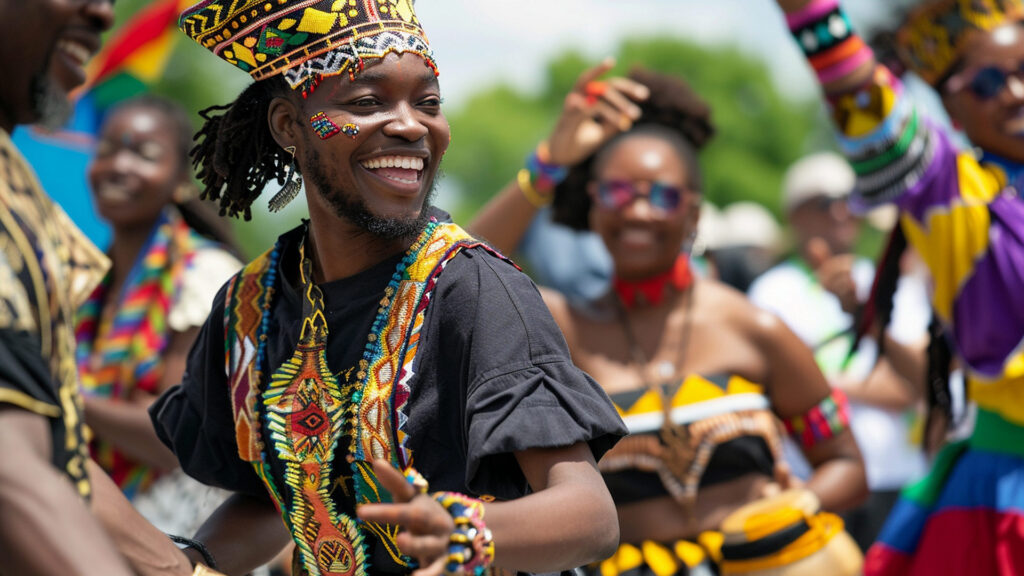 A smiling man dressed in colorful traditional African attire dances joyfully during a Juneteenth celebration, surrounded by others in vibrant clothing enjoying the festivities.