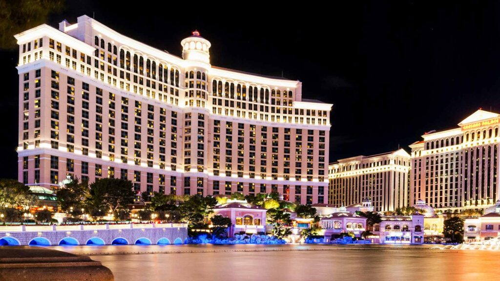 Night view of the Bellagio Hotel in Las Vegas, a top-rated destination among luxury hotels in Las Vegas known for elegance and world-class amenities.