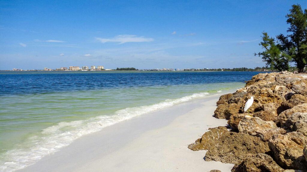 Clear blue waters, white sand, and rocky shoreline at Siesta Key, Florida, with a distant city skyline—an ideal destination for affordable beach vacations with beautiful views and a relaxed vibe.