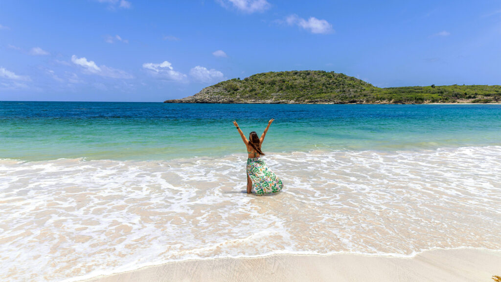 A woman enjoying the serene beauty of the beach with arms raised, standing in the shallow water, facing the ocean under a bright blue sky.