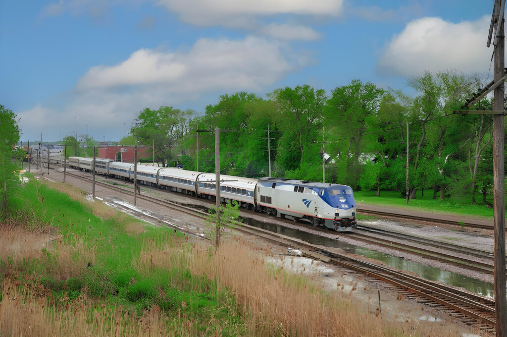 Amtrak Cardinal train with sleek silver cars moving through a rail yard surrounded by green trees and spring foliage.