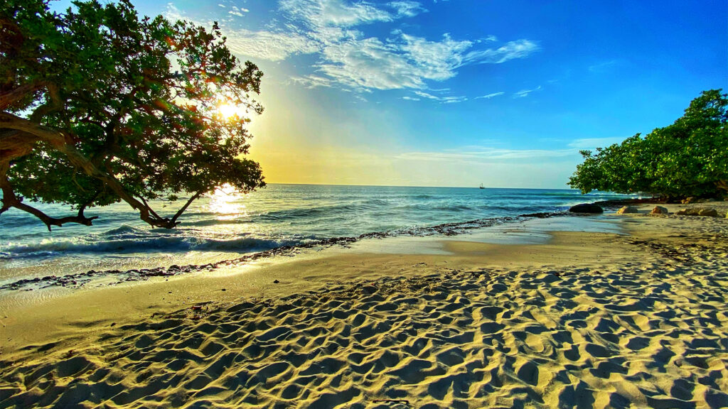 Golden sandy beach with a beautiful sunset view in Aruba, ideal for all inclusive trips.