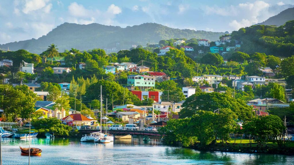 Colorful coastal town and marina near hotels in the Caribbean Islands