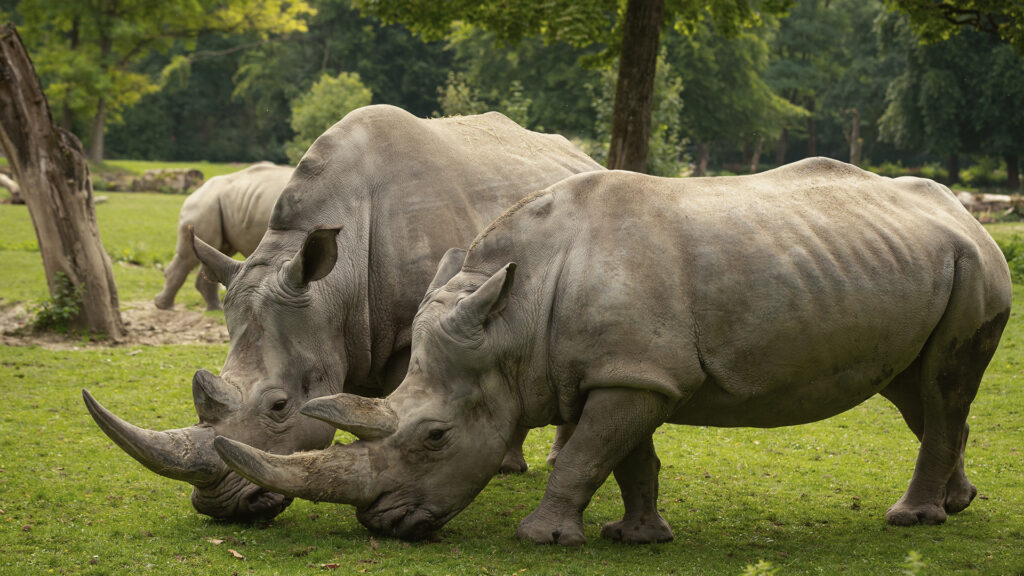 White rhinoceros in the beautiful nature looking habitat wild animals in captivity prehistoric and endangered species in zoo