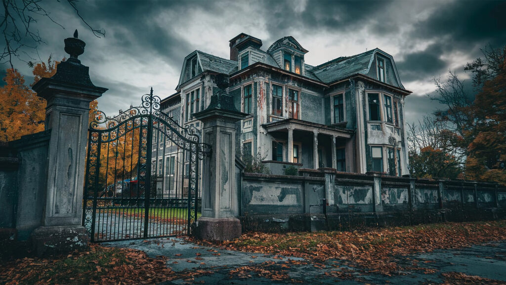 An abandoned mansion with a deteriorating facade and overgrown grounds, creating an ominous presence typical of haunted locations.