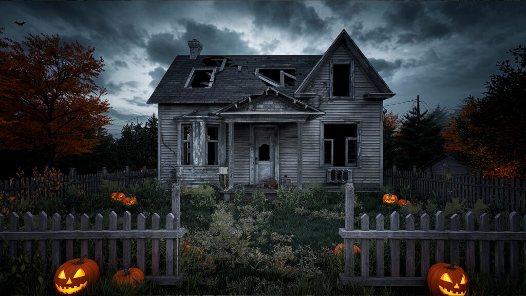 An eerie, dilapidated house decorated with pumpkins for Halloween, amplifying its haunted ambiance, fitting among the most haunted places in America.
