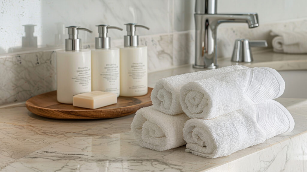 A luxurious hotel bathroom setup with towels and toiletries, perfect for guests who have just checked in after booking a hotel.