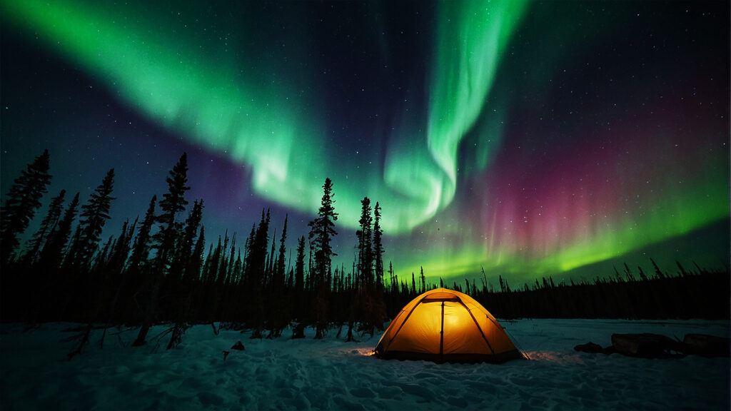 The mesmerizing Northern Lights glow above a tent in the Alaskan wilderness during December.