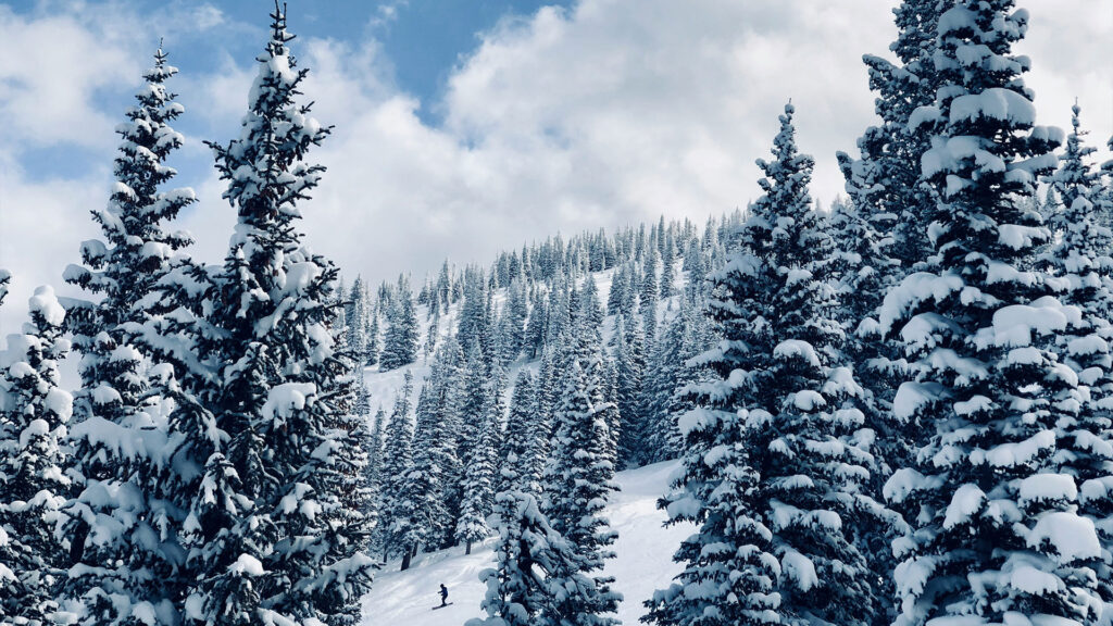 A skier enjoying a smooth run down a snowy slope in a beautiful Steamboat Springs mountain setting, perfect for ski enthusiasts.