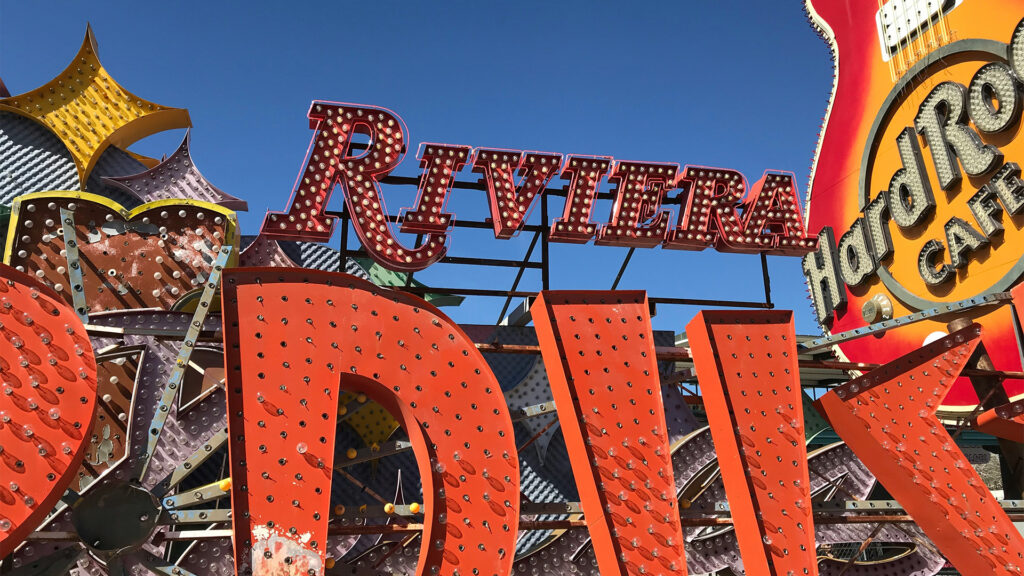 Old neon Riviera sign near Hard Rock Cafe in Las Vegas.