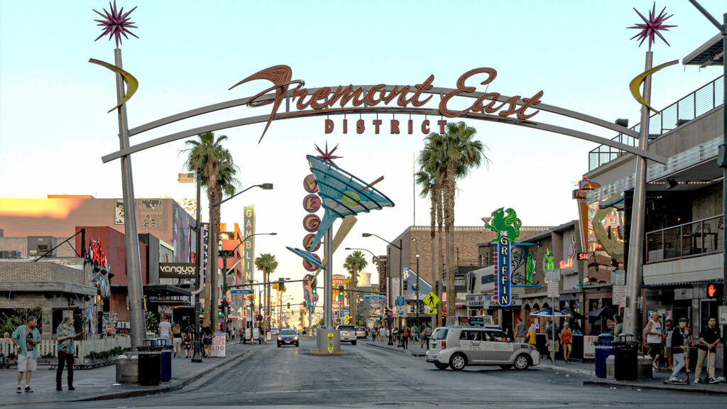 The iconic Las Vegas Fremont Street District with neon lights and vibrant signs.