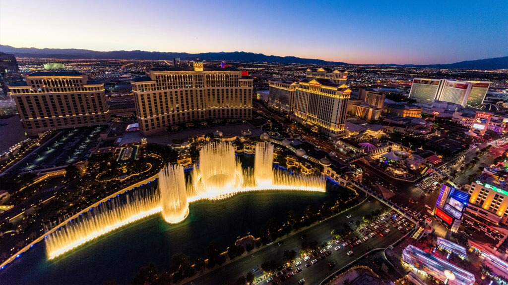 Bellagio Fountains show at night in Las Vegas.