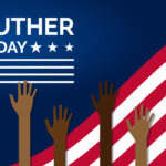 Illustration celebrating Martin Luther King Jr. Day with diverse raised hands and the American flag.