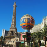 Paris Las Vegas Hotel with Eiffel Tower Replica and Hot Air Balloon.
