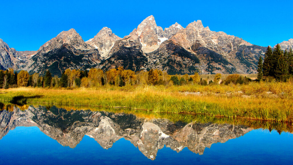 The Teton Mountains reflected in a calm lake at Grand Teton National Park, showcasing a peaceful landscape.