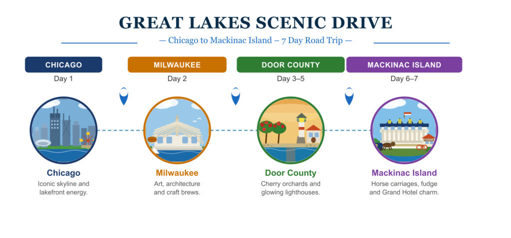 A colorful travel itinerary map showcasing the Great Lakes Scenic Drive, with stops in Chicago, Milwaukee, Door County, and Mackinac Island.