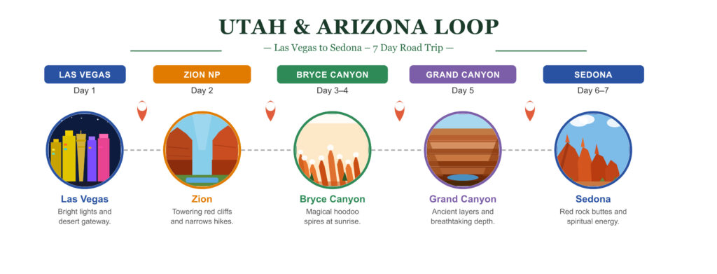 A scenic road trip route map outlining stops in Las Vegas, Zion National Park, Bryce Canyon, Grand Canyon, and Sedona.